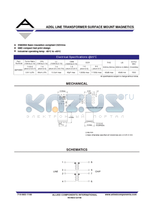 AEP008SI datasheet - ADSL LINE TRANSFORMER SURFACE MOUNT MAGNETICS