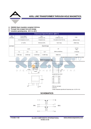 AEP026DI datasheet - ADSL LINE TRANSFORMER THROUGH HOLE MAGNETICS