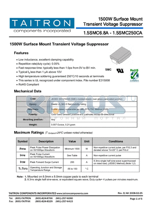 1.5SMC120CA datasheet - 1500W Surface Mount Transient Voltage Suppressor