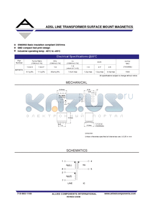 AEP047SI datasheet - ADSL LINE TRANSFORMER SURFACE MOUNT MAGNETICS