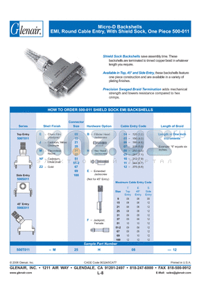 500T011E25F07 datasheet - Micro-D Backshells EMI, Round Cable Entry, With Shield Sock, One Piece 500-011