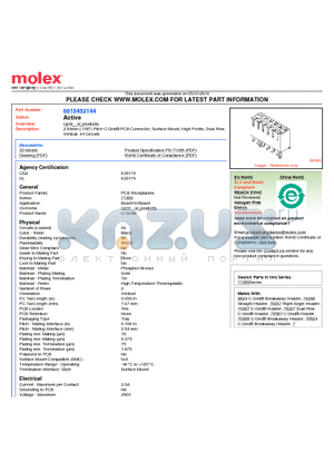 0015453144 datasheet - 2.54mm (.100) Pitch C-Grid^ PCB Connector, Surface Mount, High Profile, Dual Row, Vertical, 44 Circuits