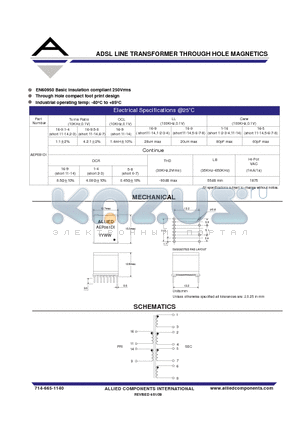 AEP081DI datasheet - ADSL LINE TRANSFORMER THROUGH HOLE MAGNETICS