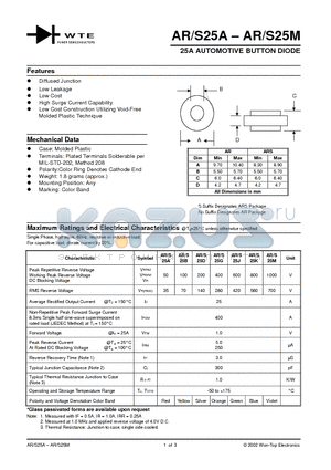 AR25M datasheet - 25A AUTOMOTIVE BUTTON DIODE