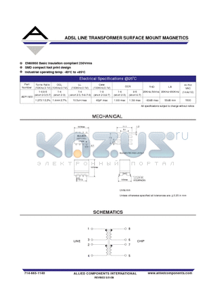 AEP116SI datasheet - ADSL LINE TRANSFORMER SURFACE MOUNT MAGNETICS