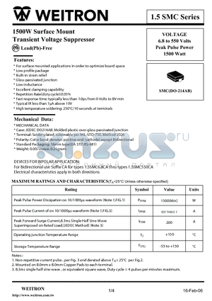 1.5SMC130A datasheet - 1500W Surface Mount Transient Voltage Suppressor