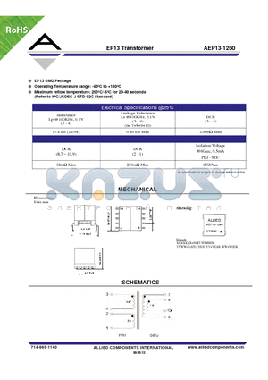 AEP13-1260 datasheet - EP13 Transformer