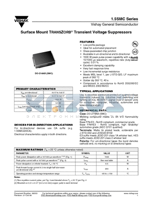 1.5SMC130A datasheet - Surface Mount TRANSZORB^ Transient Voltage Suppressors