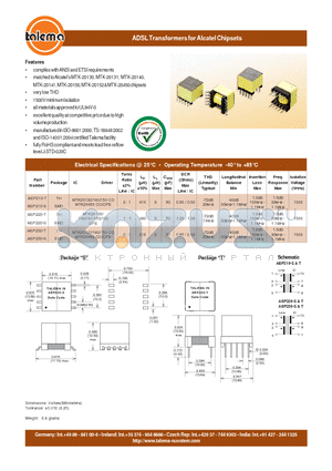 AEP210-T datasheet - ADSL Transformers for Alcatel Chipsets