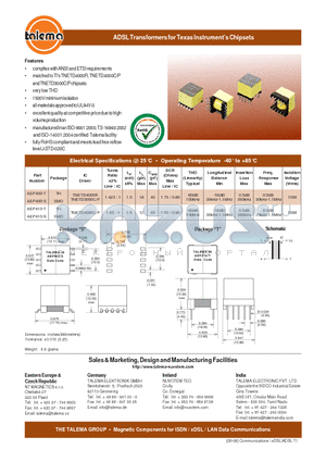 AEP400-T datasheet - ADSL Transformers for Texas Instruments Chipsets
