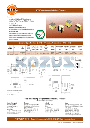 AEP800-S datasheet - ADSL Transformers for Fujitsu Chipsets