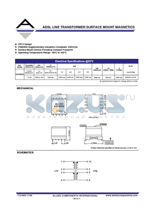 AEP804SI datasheet - ADSL LINE TRANSFORMER SURFACE MOUNT MAGNETICS