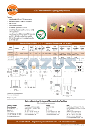 AEP910-T datasheet - ADSL Transformers for Legerity (AMD) Chipsets