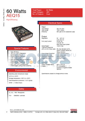 AEQ15 datasheet - Total Power: 60 Watts, Input Voltages: 48V, No. of Outputs: Dual