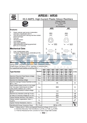 AR35M datasheet - 35.0 AMPS. High Current Plastic Silicon Rectifiers