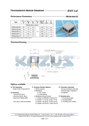 1MC06008 datasheet - Miniature Single- and Multistage thermoelectric coolers with pellets cross-section 0.6x0.6 mm. Each TEC type is available with five different heights as options.