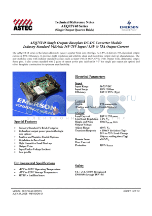 AEQ75Y48 datasheet - Industry Standard l Brick: 36V-75V Input / 1.8V @ 75A Output Current