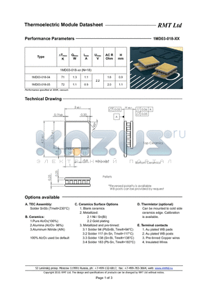 1MD03018 datasheet - 1MD03 thermoelectric coolers are specially developed for cooled TOSA applications with strict operating current limits and low power consumption