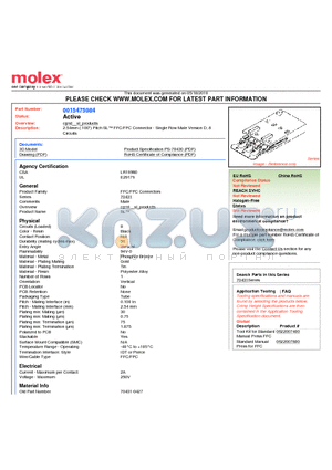 0015475084 datasheet - 2.54mm (.100) Pitch SL FFC/FPC Connector - Single Row Male Version D, 8 Circuits