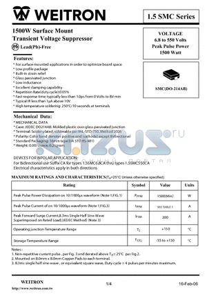 1.5SMC200A datasheet - 1500W Surface Mount Transient Voltage Suppressor