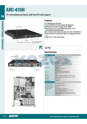ARC-615H datasheet - 1U Rackmount Chassis, 4-slot PICMG PCI Bus Passive Backplanes