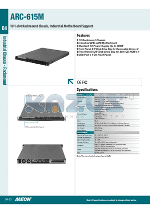 ARC-615M datasheet - 1U Rackmount Chassis, Industrial ATX/ uATX Motherboard