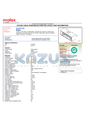 0015477742 datasheet - 2.54mm (.100) Pitch C-Grid^ Header, Through Hole, Dual Row, Vertical, High Temperature, Shrouded, with Peg, 42 Circuits, 0.76lm (30l) Gold (Au) Selective Plating