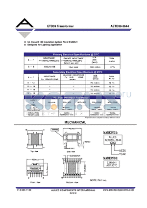 AETD39-3644 datasheet - ETD39 Transformer