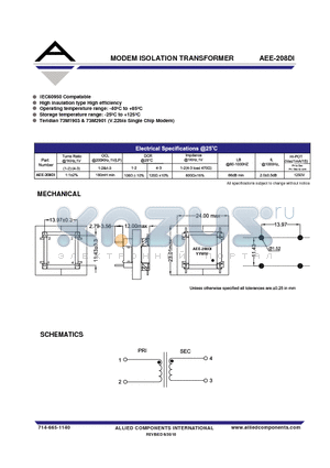 AEE-208DI datasheet - MODEM ISOLATION TRANSFORMER