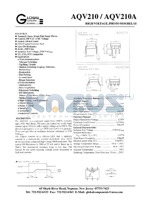 AQV210 datasheet - HIGH VOLTAGE, PHOTO MOS RELAY