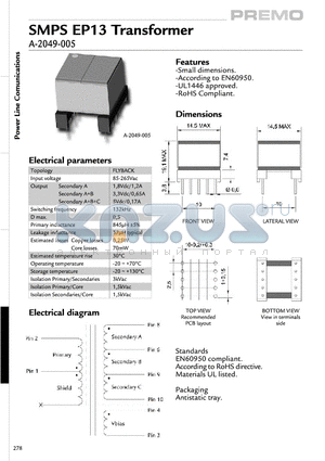 A-2049-005 datasheet - SMPS EP13 Transformer