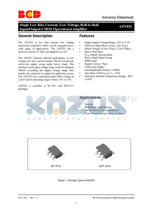 AZV831KTR-G1 datasheet - Single Low Bias Current, Low Voltage, Rail-to-Rail Input/Output CMOS Operational Amplifier