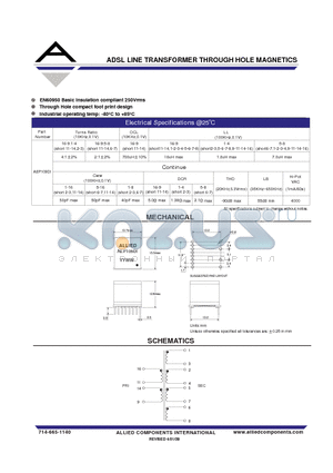 AEP109DI datasheet - ADSL LINE TRANSFORMER THROUGH HOLE MAGNETICS