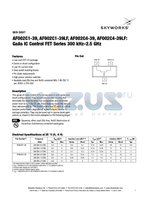 AF002C1-39LF datasheet - GaAs IC Control FET Series 300 kHz-2.5 GHz