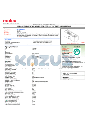 0015800323 datasheet - 2.54mm (.100) Pitch C-Grid^ Header, Through Hole without Peg, Dual Row, Vertical, Shrouded, High Temperature, 32 Circuits, 0.38lm (15l) Gold (Au) Selective Plating