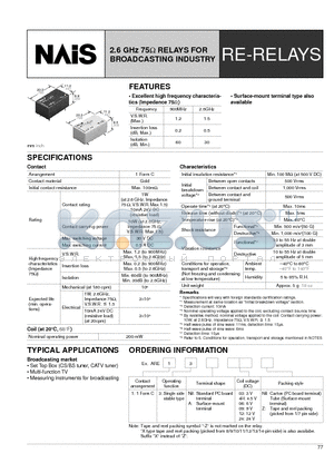 ARE1303Z datasheet - 2.6 GHz 75 RELAYS FOR BROADCASTING INDUSTRY