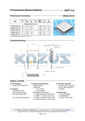 1MD06049 datasheet - 1MD03 thermoelectric coolers are specially developed for cooled TOSA applications with strict operating current limits and low power consumption.