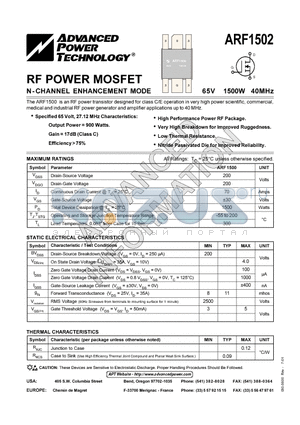 ARF1502 datasheet - RF POWER MOSFET N-CHANNEL ENHANCEMENT MODE