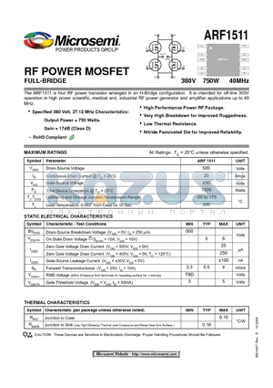 ARF1511 datasheet - RF POWER MOSFET FULL-BRIDGE