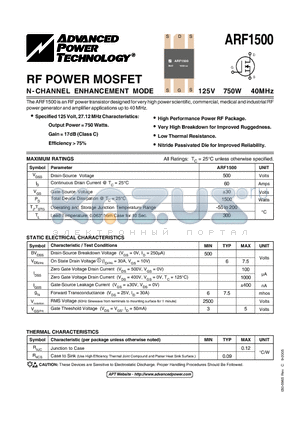 ARF1500 datasheet - RF POWER MOSFET N-CHANNEL ENHANCEMENT MODE