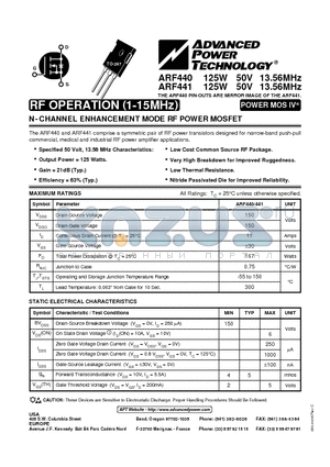 ARF440 datasheet - N-CHANNEL ENHANCEMENT MODE RF POWER MOSFET