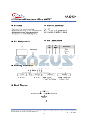 AF2302N datasheet - 20V N-Channel Enhancement Mode MOSFET