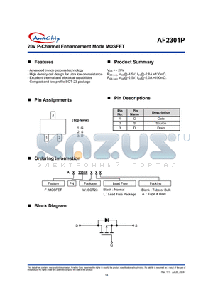 AF2301P datasheet - 20V P-Channel Enhancement Mode MOSFET