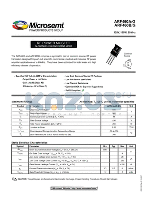 ARF460A datasheet - RF POWER MOSFET N-CHANNEL ENHANCEMENT MODE