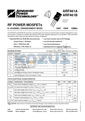 ARF461A datasheet - N-CHANNEL ENHANCEMENT MODE