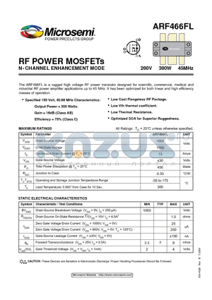ARF466FL datasheet - RF POWER MOSFETs N-CHANNEL ENHANCEMENT MODE