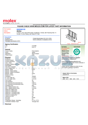 A-42225-0119 datasheet - 2.54mm (.100) Pitch KK^ Header, Breakaway, Vertical, with Polarizing Wall, 14 Circuits, Tin (Sn) Plating. with Kinked PC Tails