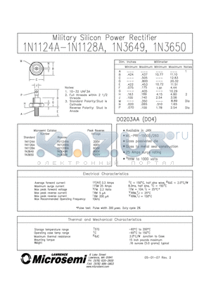 1N1128A datasheet - MILITARY SILICON POWER RECTIFIER