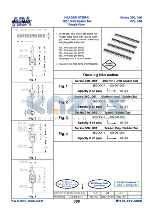 370-90-164-00-001000 datasheet - HEADER STRIPS .100 Grid Solder Tail Single Row