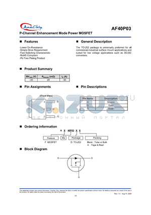 AF40P03 datasheet - P-Channel Enhancement Mode Power MOSFET